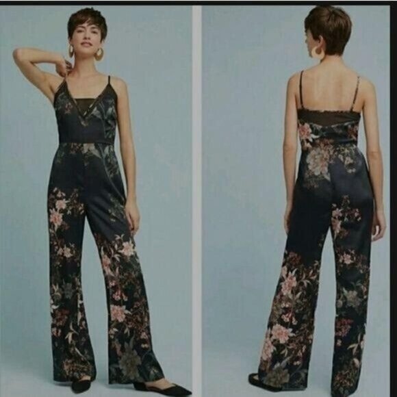 Anthropologie Adelyn Rae Rosanna Pink on Black Floral‎ print jumpsuit size L NEW - Picture 2 of 16